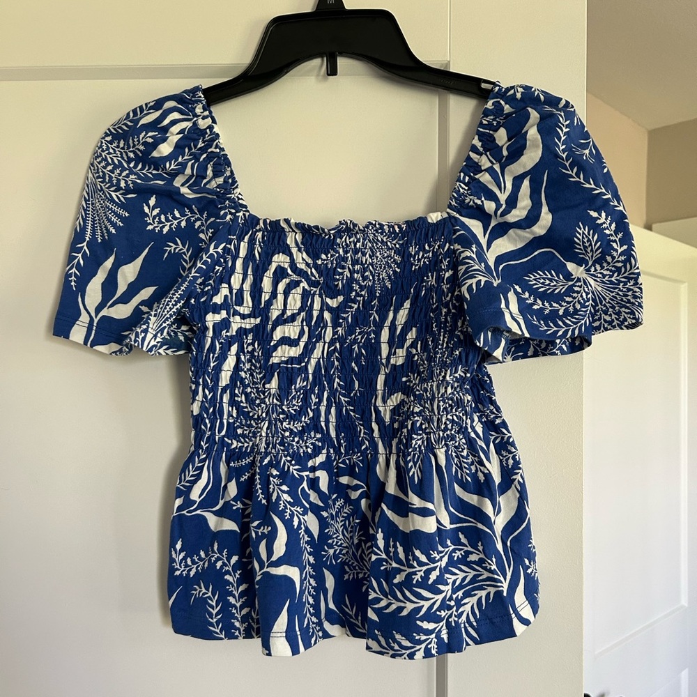 Blue Floral Smocked Puff Sleeve Top - H&M